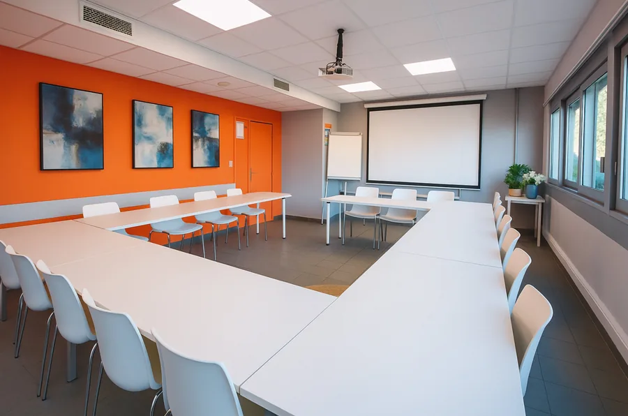 Grande salle de réunion Pic Saint-Loup Millénaire Montpellier — 25 personnes, vidéoprojecteur, mur orange